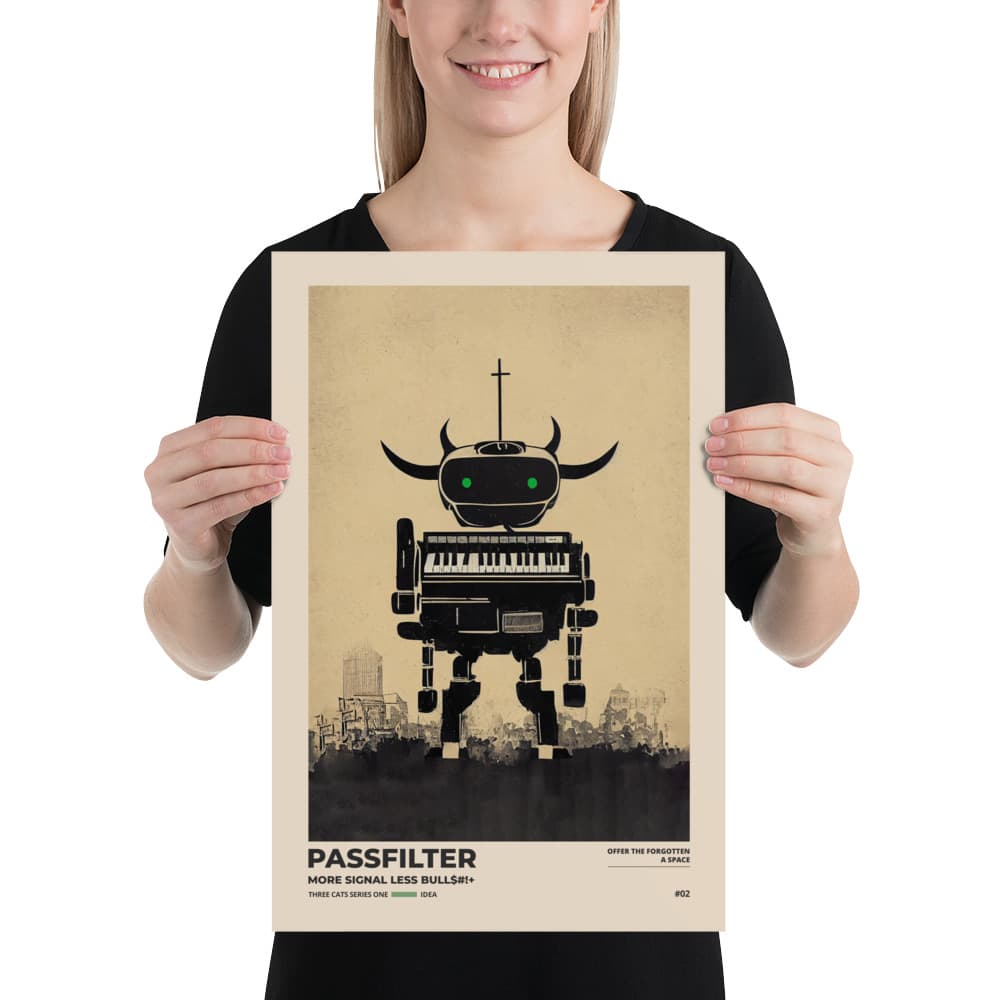 Musician holding a Passfilter poster with a picture of a robot synthesizer bull in the style of old rodeo posters.