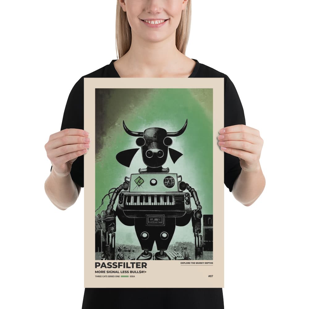 Musician holding a Passfilter poster with a picture of a robot synthesizer bull in the style of old rodeo posters.