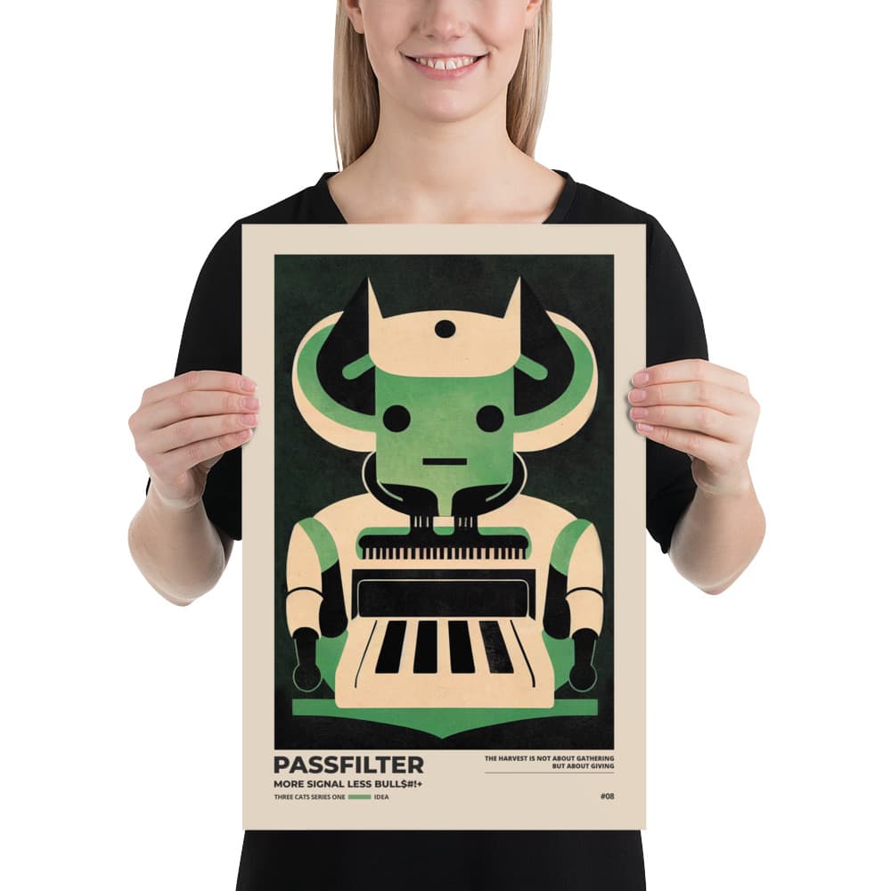 Musician holding a Passfilter poster with a picture of a robot synthesizer bull in the style of old rodeo posters.