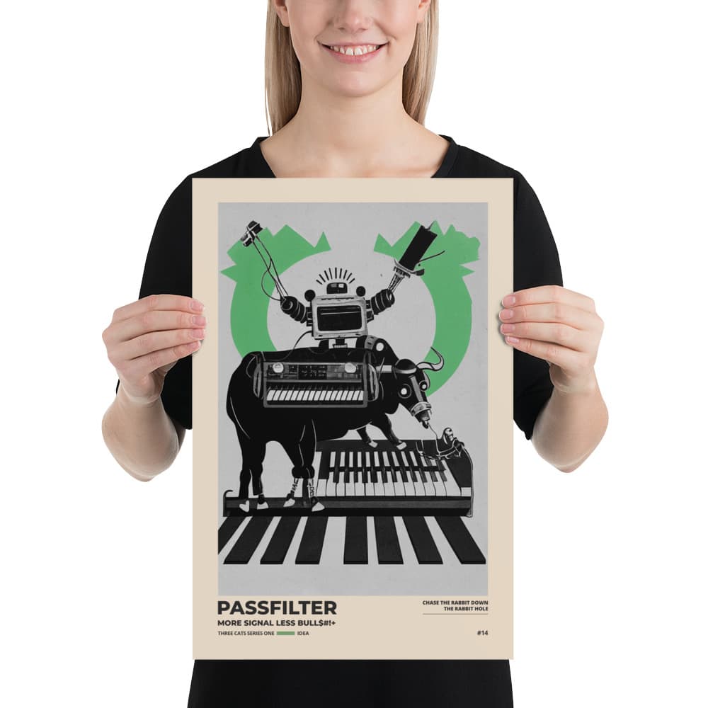 Musician holding a Passfilter poster with a picture of a robot synthesizer bull in the style of old rodeo posters.