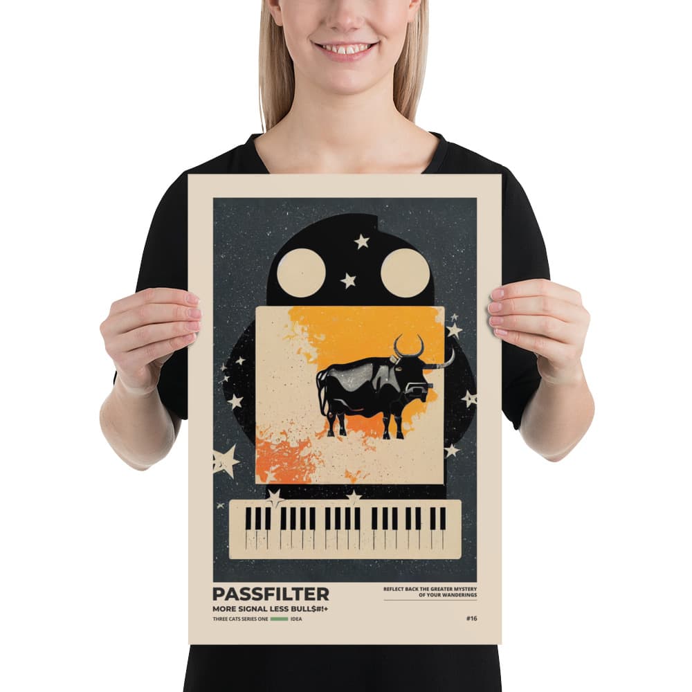 Musician holding a Passfilter poster with a picture of a robot synthesizer bull in the style of old rodeo posters.
