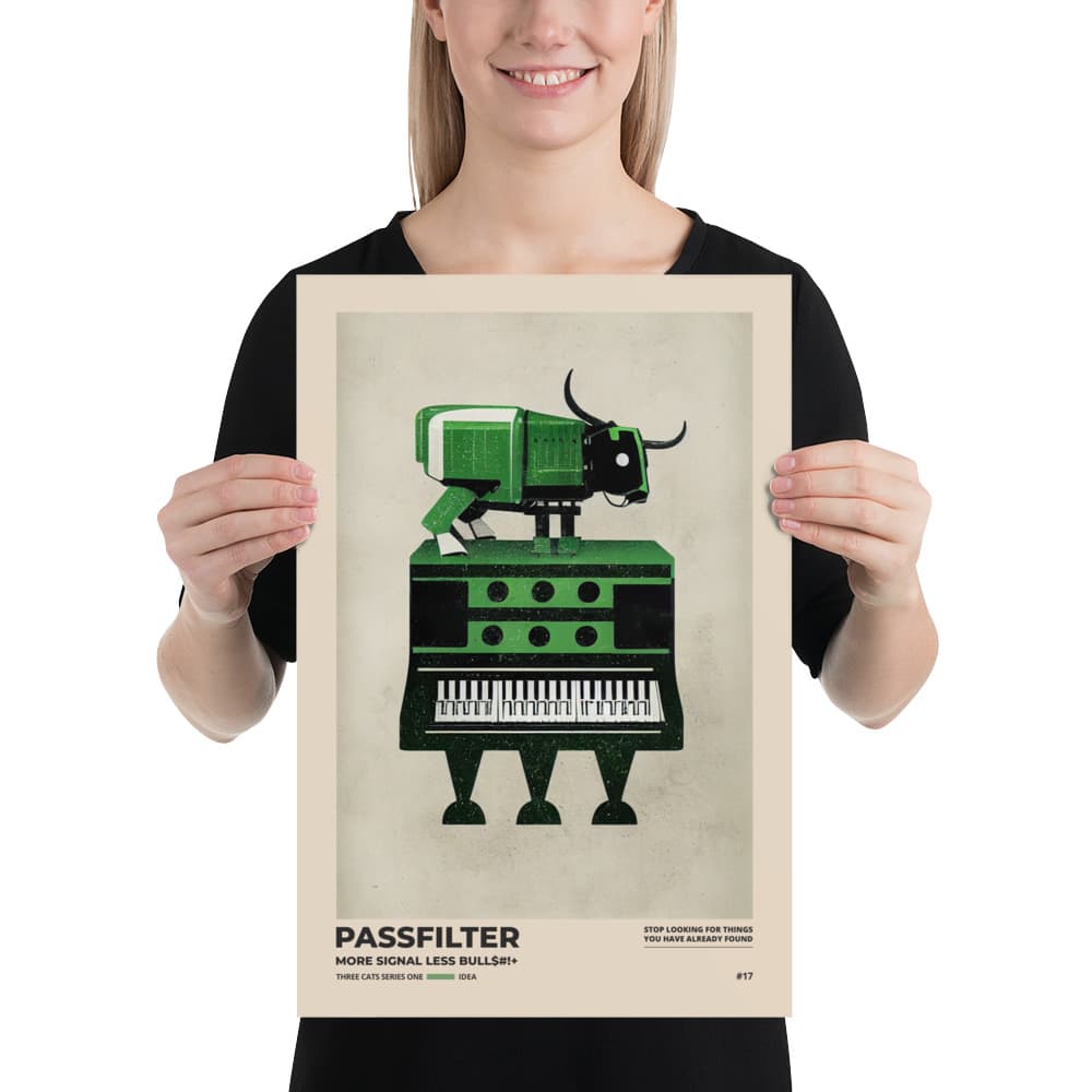 Musician holding a Passfilter poster with a picture of a robot synthesizer bull in the style of old rodeo posters.