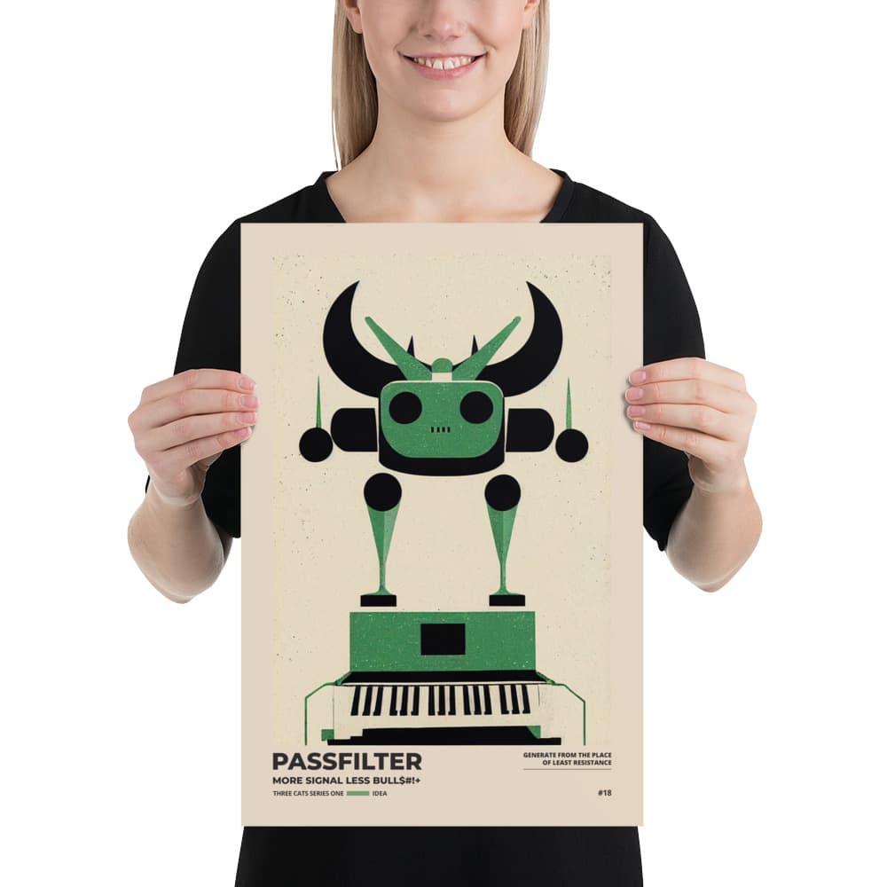 Musician holding a Passfilter poster with a picture of a robot synthesizer bull in the style of old rodeo posters.