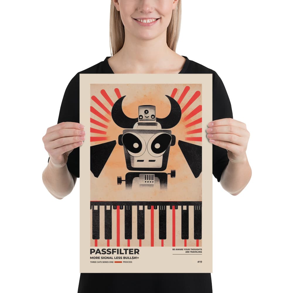 Musician holding a Passfilter poster with a picture of a robot synthesizer bull in the style of old rodeo posters.