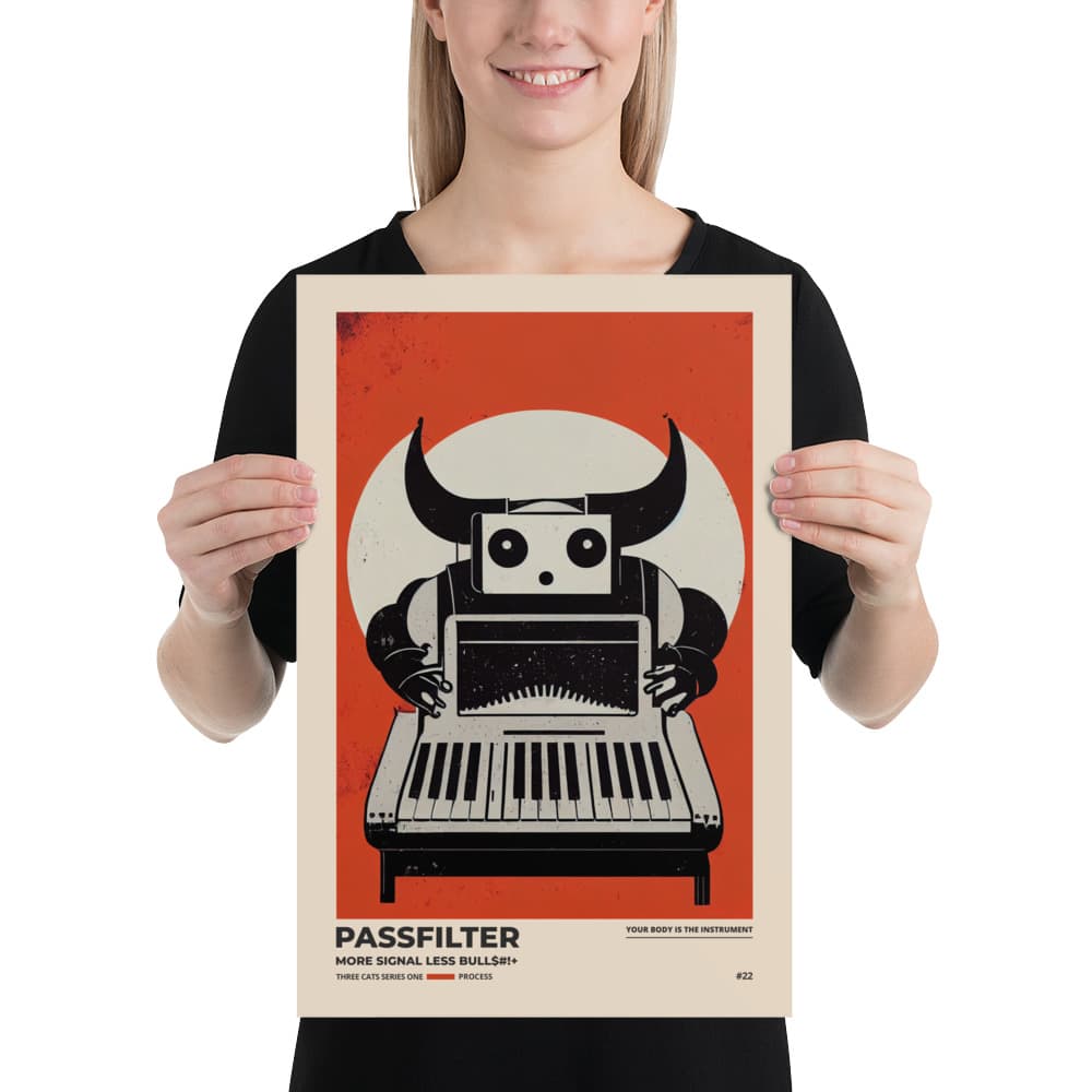 Musician holding a Passfilter poster with a picture of a robot synthesizer bull in the style of old rodeo posters.