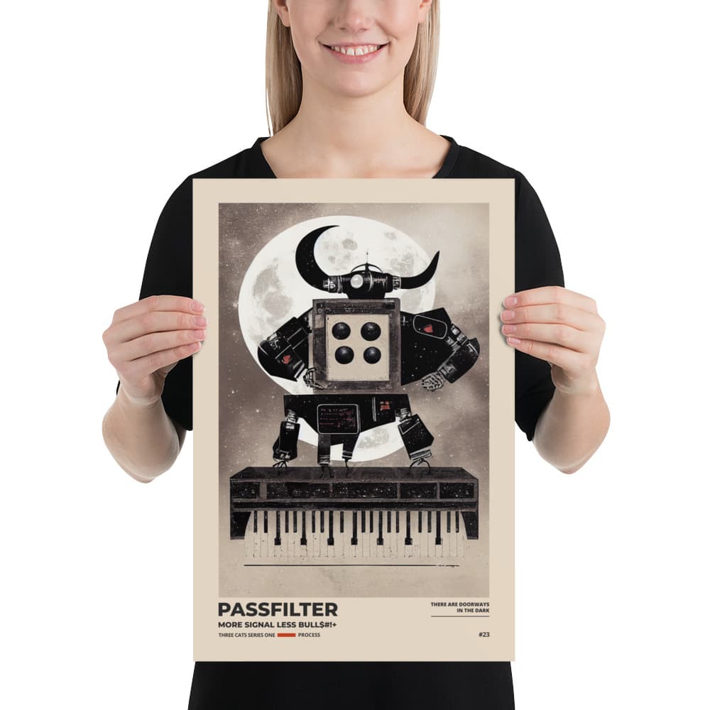 Musician holding a Passfilter poster with a picture of a robot synthesizer bull in the style of old rodeo posters.