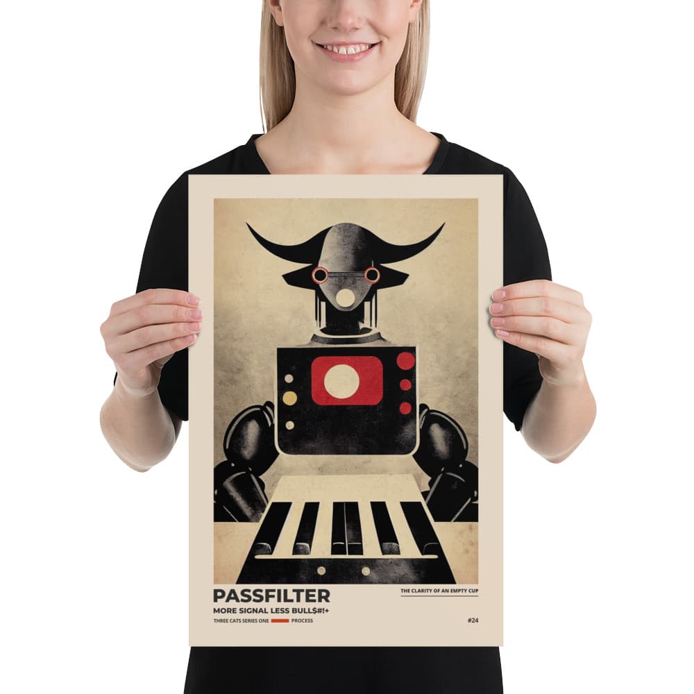 Musician holding a Passfilter poster with a picture of a robot synthesizer bull in the style of old rodeo posters.