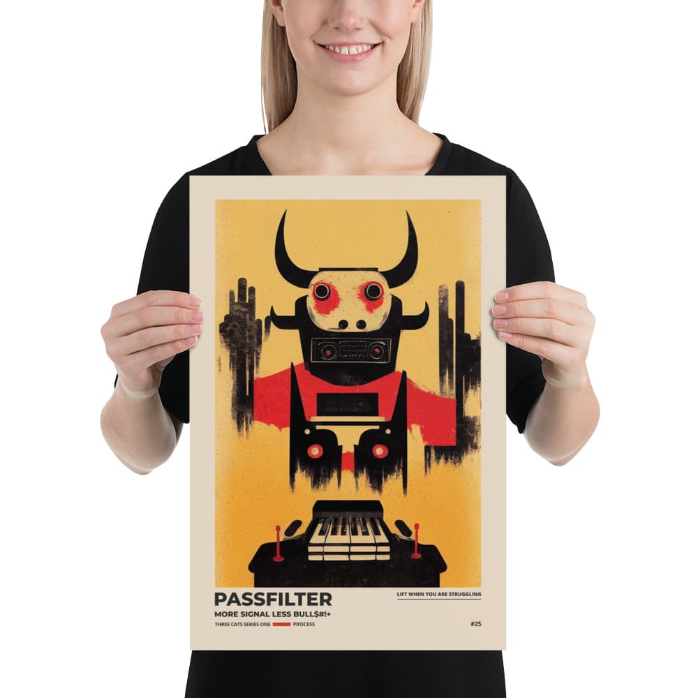 Musician holding a Passfilter poster with a picture of a robot synthesizer bull in the style of old rodeo posters.
