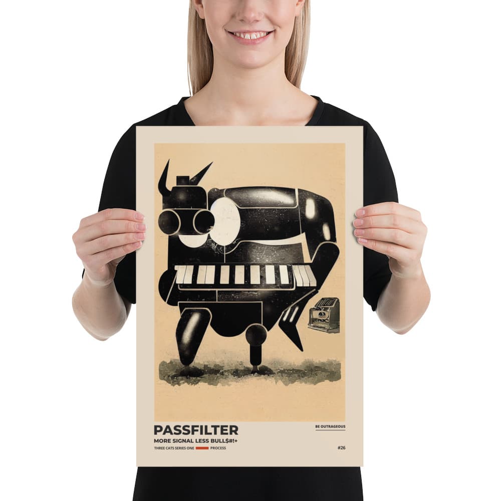Musician holding a Passfilter poster with a picture of a robot synthesizer bull in the style of old rodeo posters.
