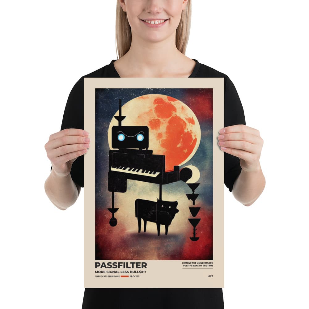 Musician holding a Passfilter poster with a picture of a robot synthesizer bull in the style of old rodeo posters.