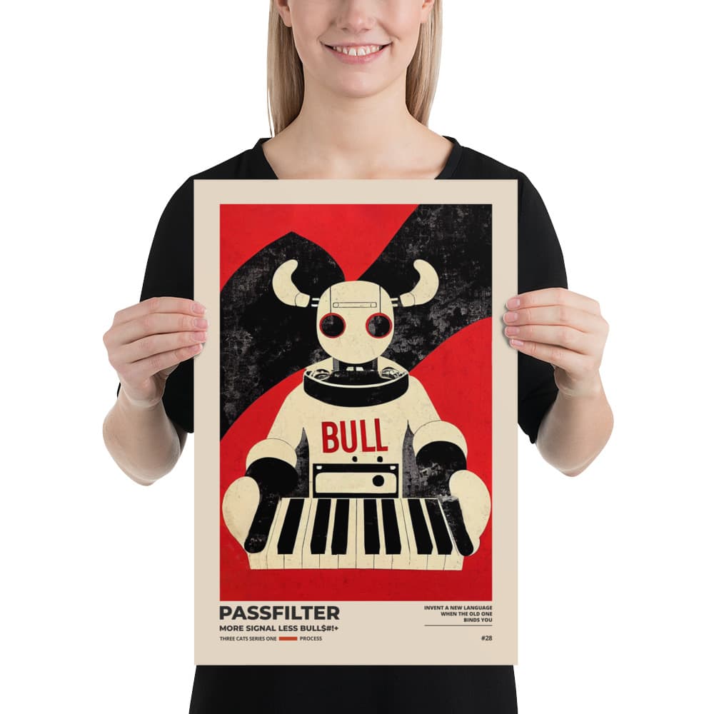 Musician holding a Passfilter poster with a picture of a robot synthesizer bull in the style of old rodeo posters.