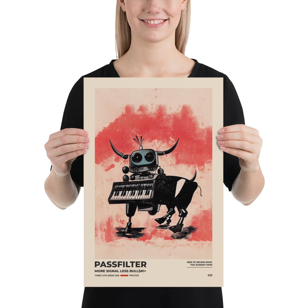 Musician holding a Passfilter poster with a picture of a robot synthesizer bull in the style of old rodeo posters.