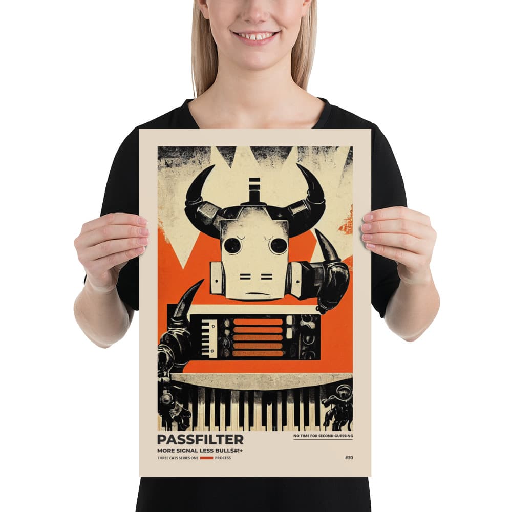 Musician holding a Passfilter poster with a picture of a robot synthesizer bull in the style of old rodeo posters.