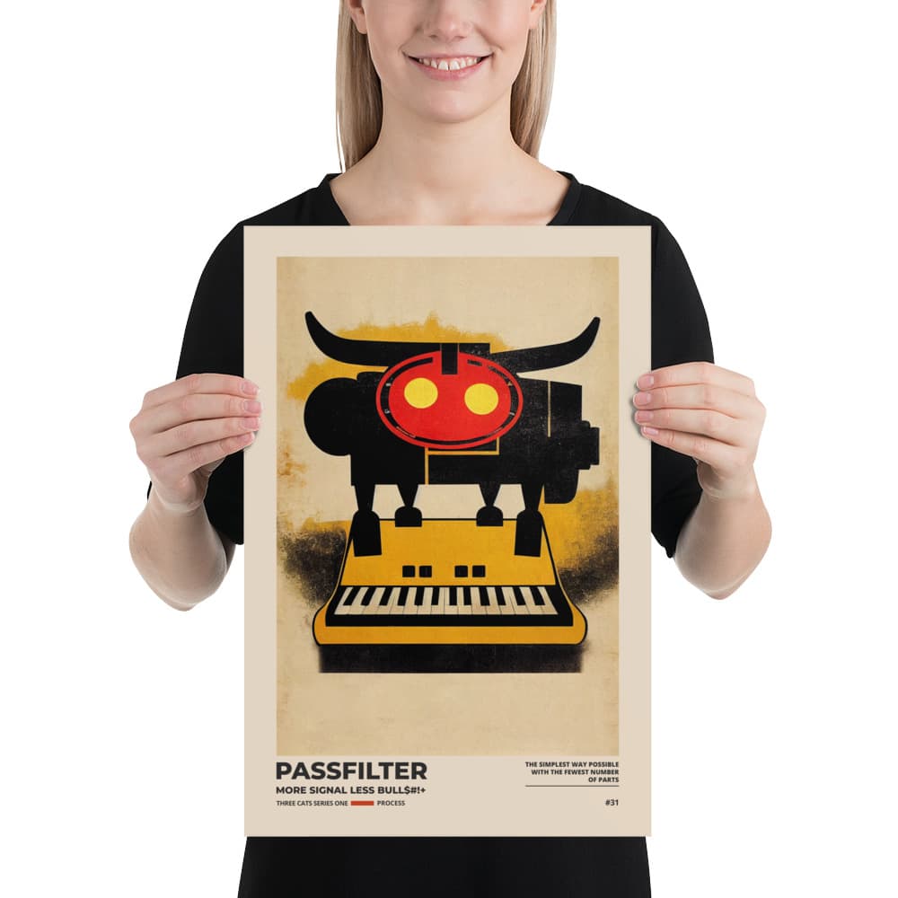 Musician holding a Passfilter poster with a picture of a robot synthesizer bull in the style of old rodeo posters.