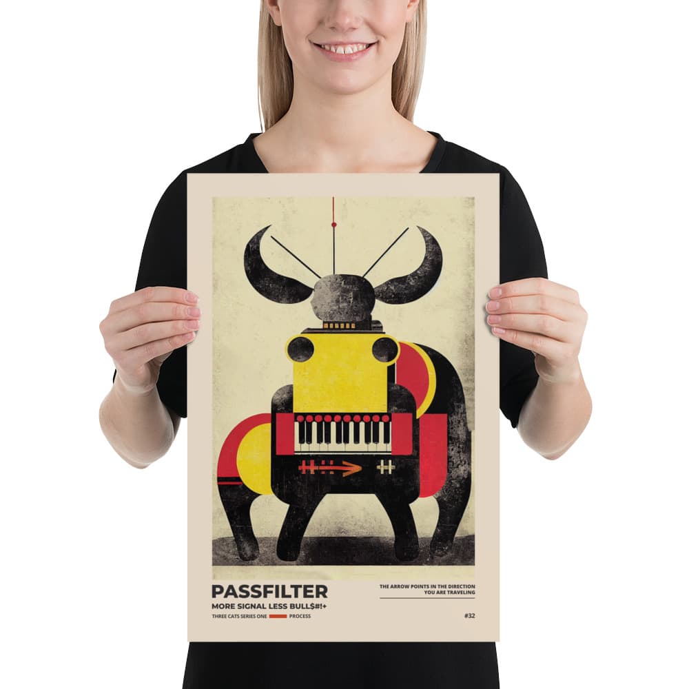 Musician holding a Passfilter poster with a picture of a robot synthesizer bull in the style of old rodeo posters.
