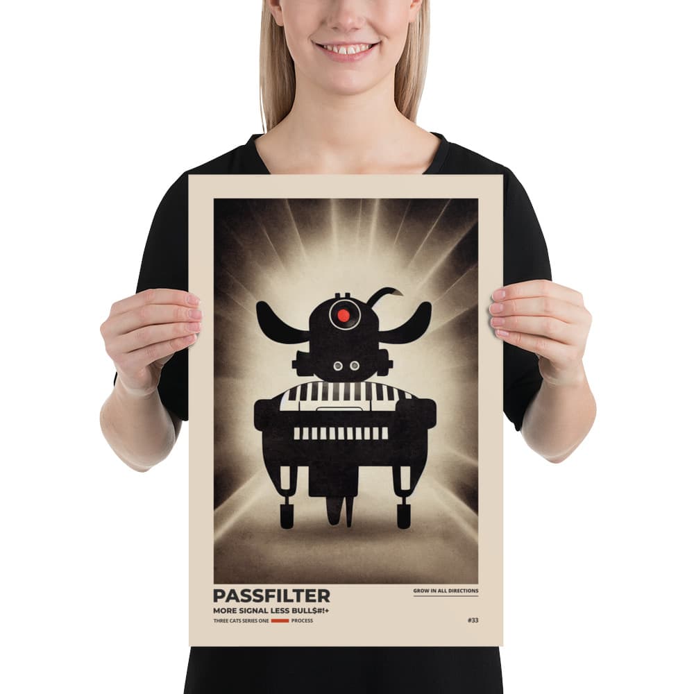 Musician holding a Passfilter poster with a picture of a robot synthesizer bull in the style of old rodeo posters.