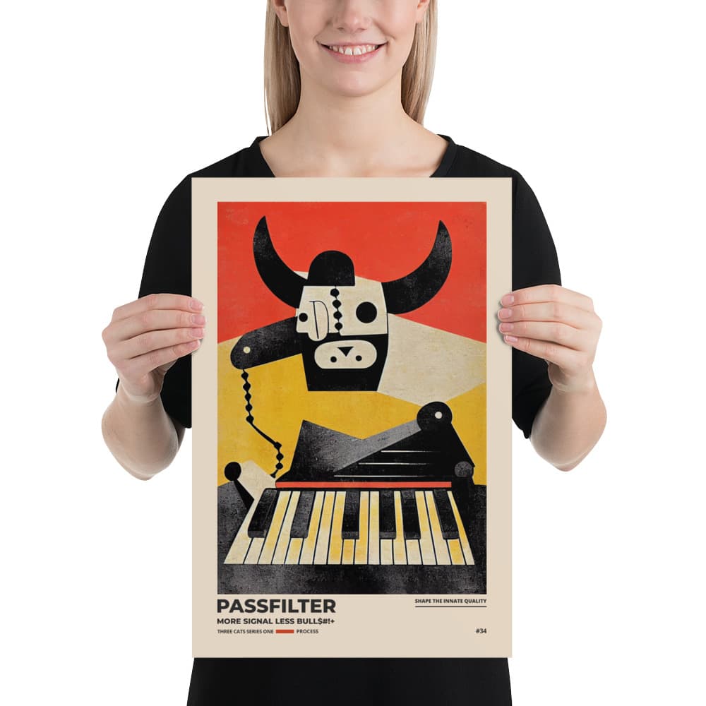 Musician holding a Passfilter poster with a picture of a robot synthesizer bull in the style of old rodeo posters.