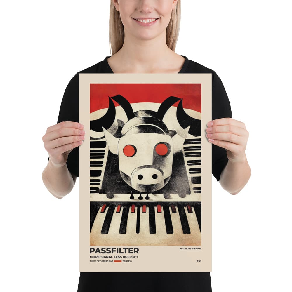 Musician holding a Passfilter poster with a picture of a robot synthesizer bull in the style of old rodeo posters.