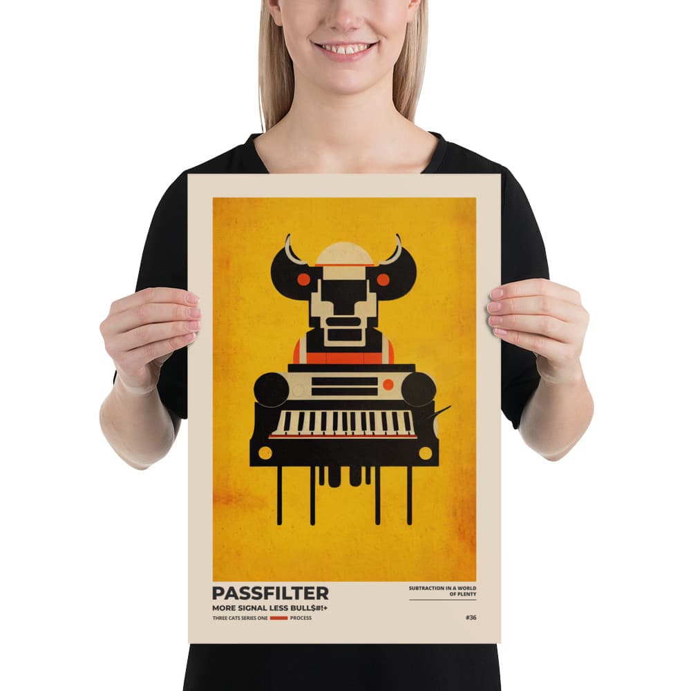 Musician holding a Passfilter poster with a picture of a robot synthesizer bull in the style of old rodeo posters.