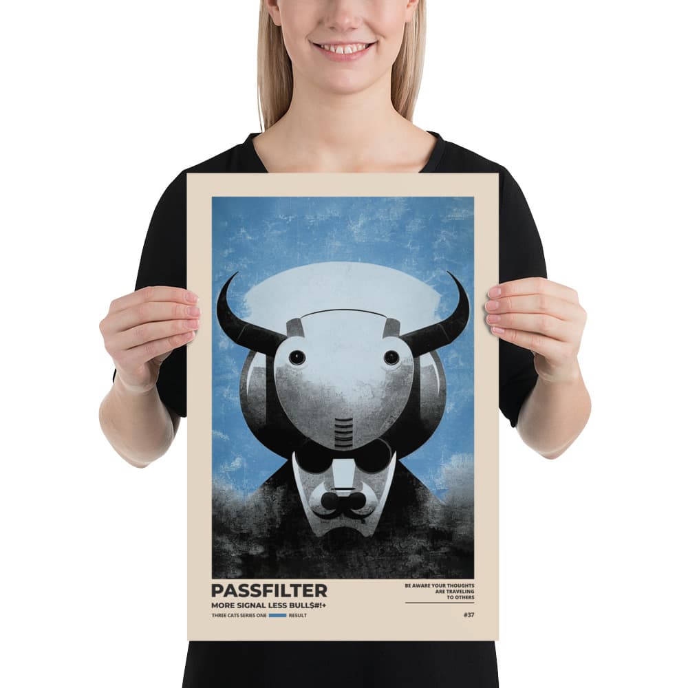 Musician holding a Passfilter poster with a picture of a robot synthesizer bull in the style of old rodeo posters.