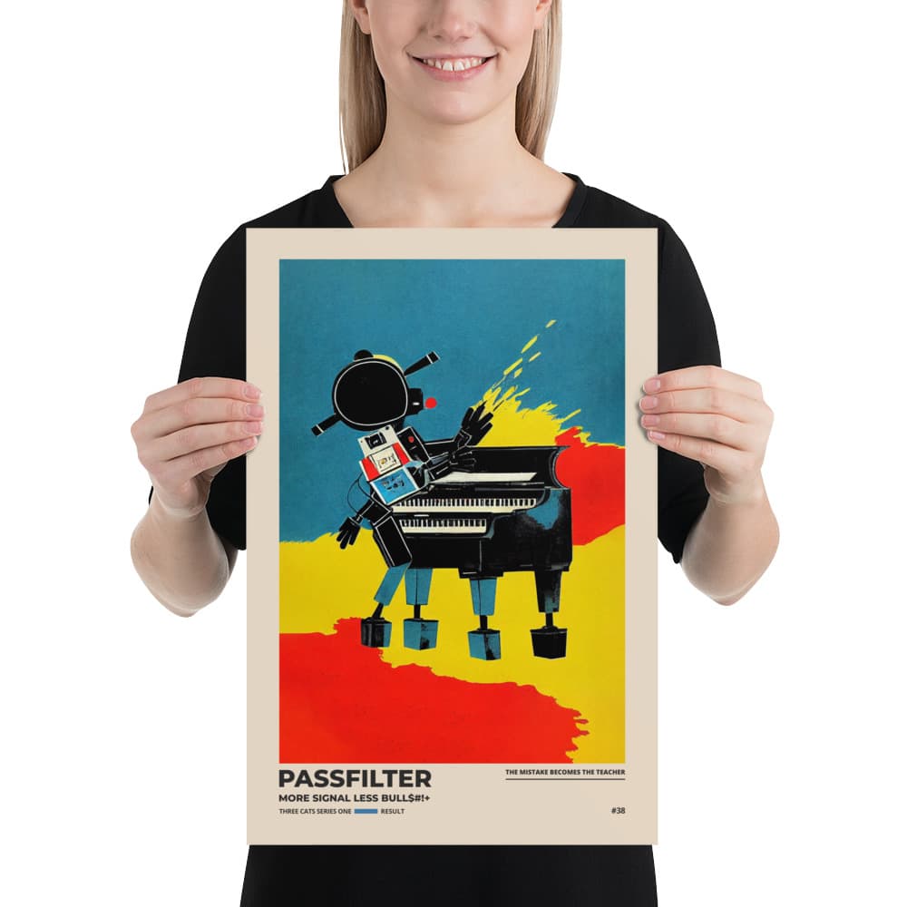 Musician holding a Passfilter poster with a picture of a robot synthesizer bull in the style of old rodeo posters.