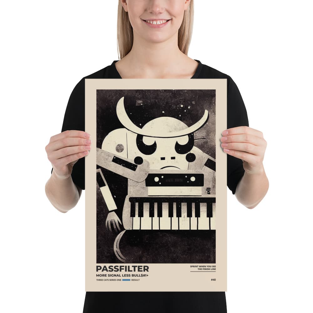 Musician holding a Passfilter poster with a picture of a robot synthesizer bull in the style of old rodeo posters.