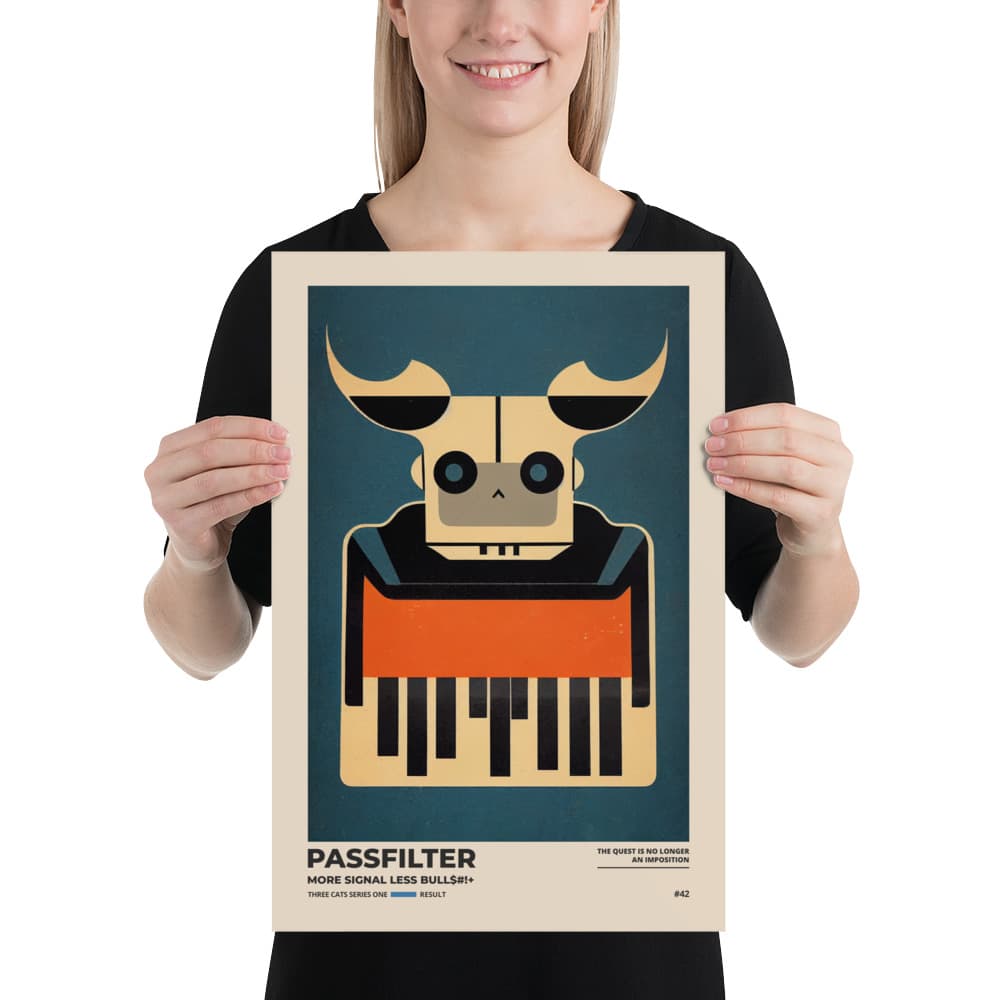 Musician holding a Passfilter poster with a picture of a robot synthesizer bull in the style of old rodeo posters.