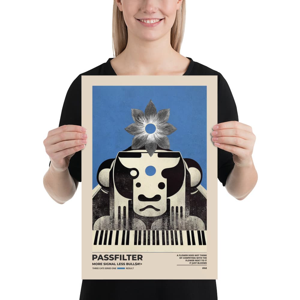 Musician holding a Passfilter poster with a picture of a robot synthesizer bull in the style of old rodeo posters.