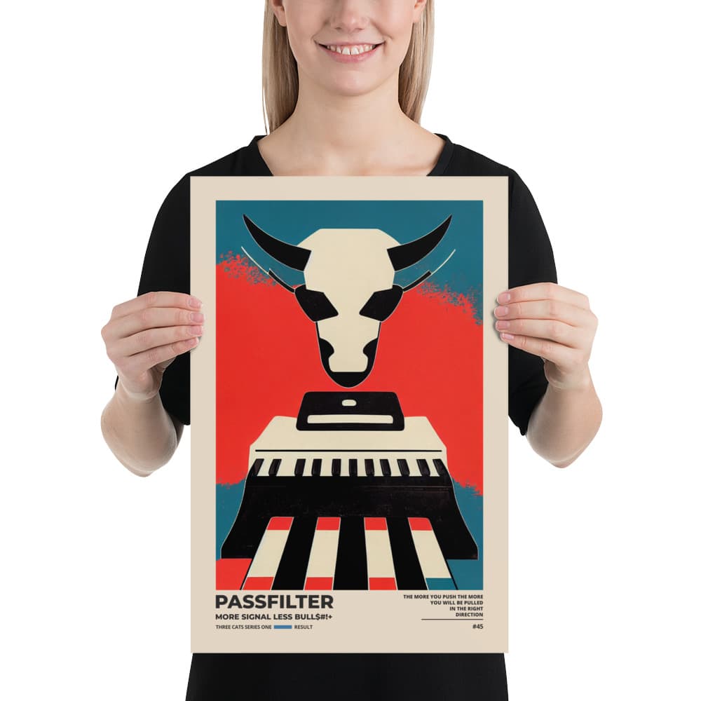 Musician holding a Passfilter poster with a picture of a robot synthesizer bull in the style of old rodeo posters.