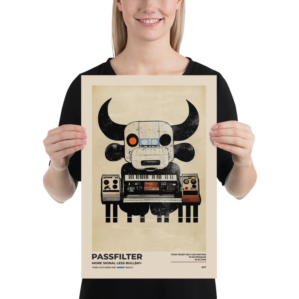 Musician holding a Passfilter poster with a picture of a robot synthesizer bull in the style of old rodeo posters.