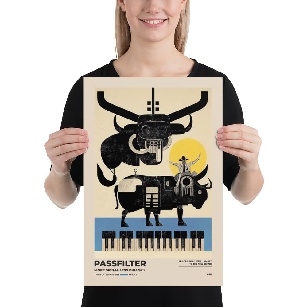 Musician holding a Passfilter poster with a picture of a robot synthesizer bull in the style of old rodeo posters.