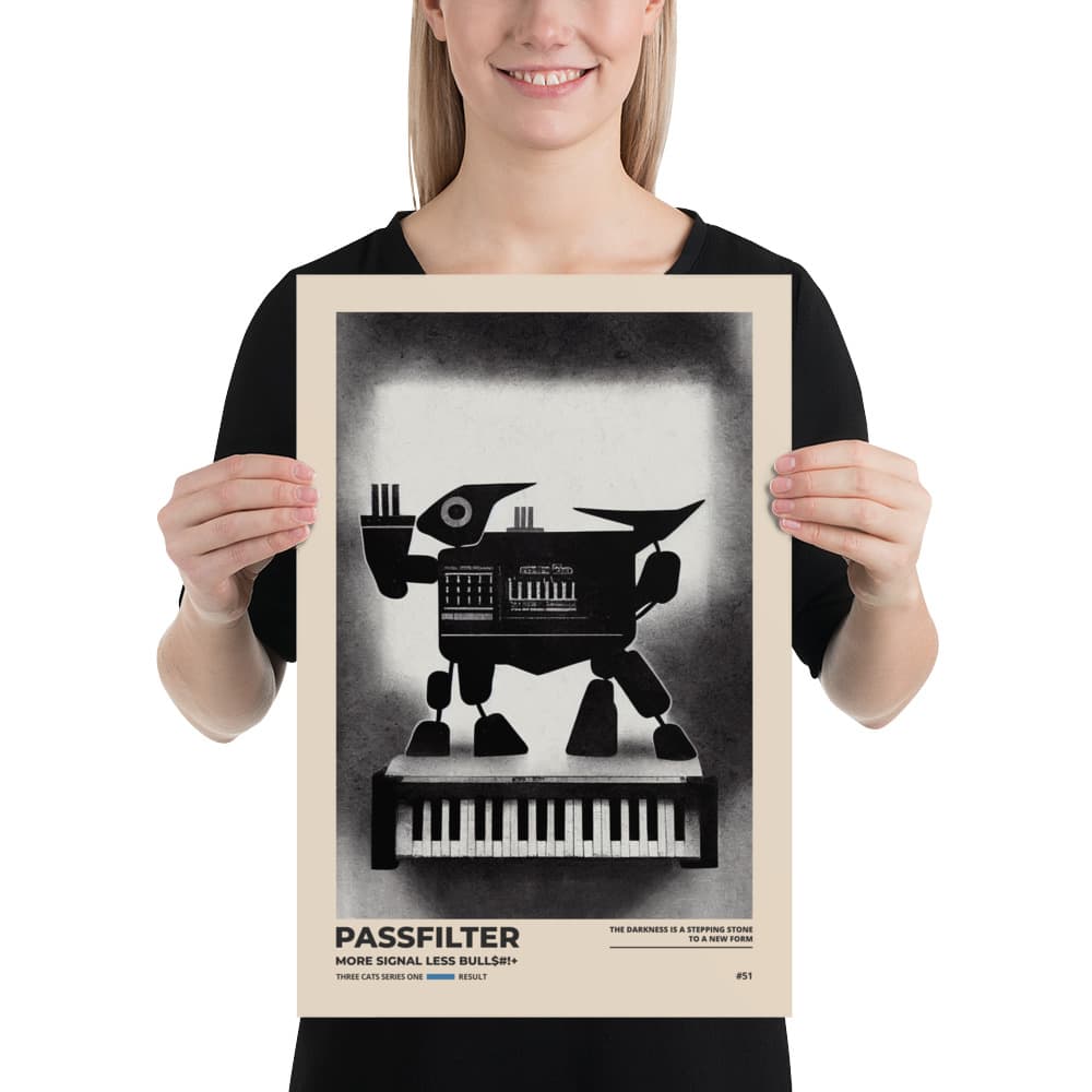 Musician holding a Passfilter poster with a picture of a robot synthesizer bull in the style of old rodeo posters.
