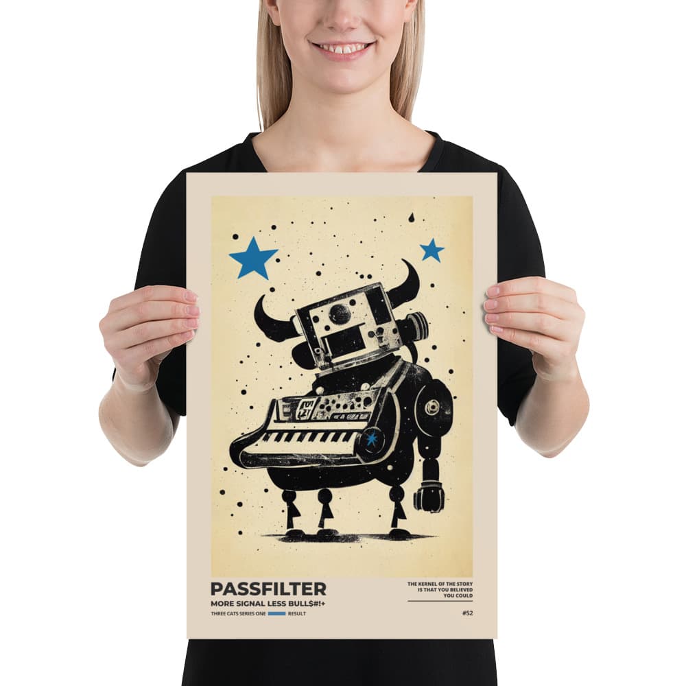 Musician holding a Passfilter poster with a picture of a robot synthesizer bull in the style of old rodeo posters.