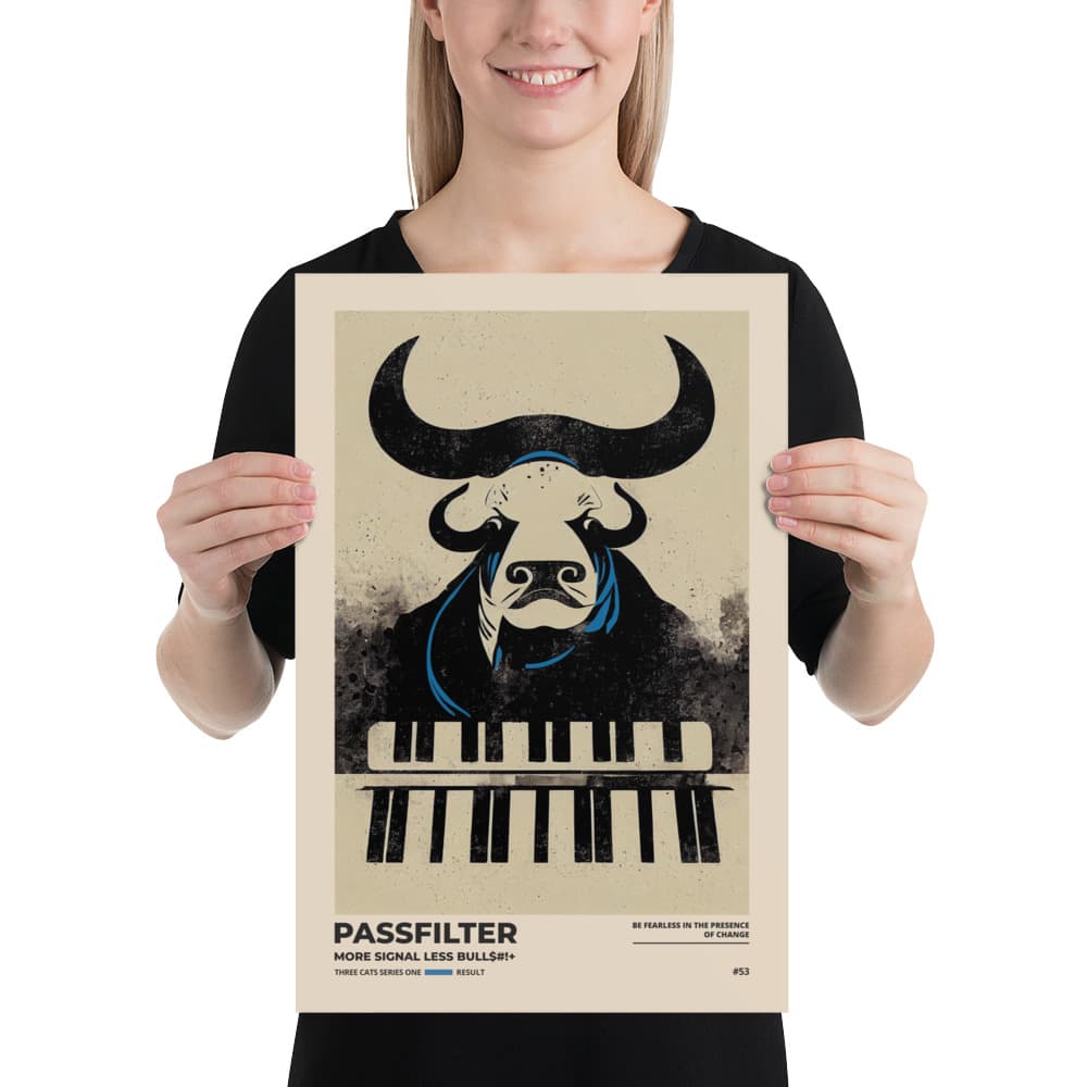 Musician holding a Passfilter poster with a picture of a robot synthesizer bull in the style of old rodeo posters.