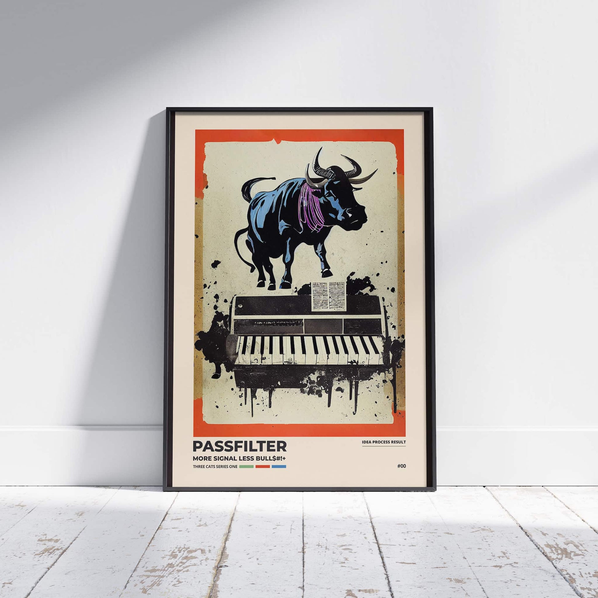 Black framed Passfilter poster sitting on a white wooden floor in a recording studio.