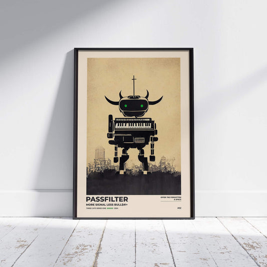 Black framed Passfilter poster sitting on a white wooden floor in a recording studio.