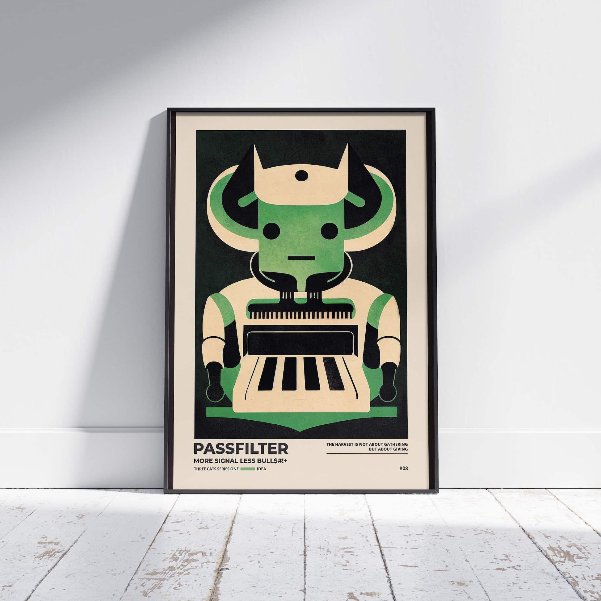 Black framed Passfilter poster sitting on a white wooden floor in a recording studio.