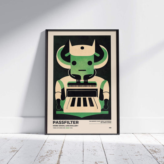 Black framed Passfilter poster sitting on a white wooden floor in a recording studio.