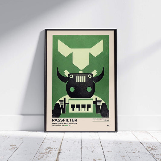 Black framed Passfilter poster sitting on a white wooden floor in a recording studio.
