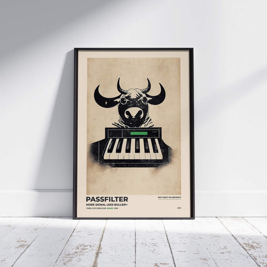 Black framed Passfilter poster sitting on a white wooden floor in a recording studio.