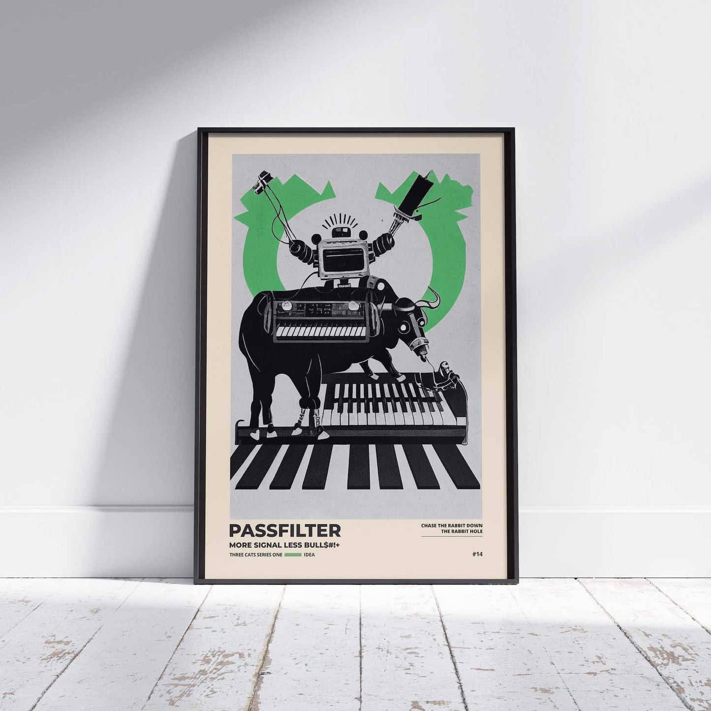 Black framed Passfilter poster sitting on a white wooden floor in a recording studio.
