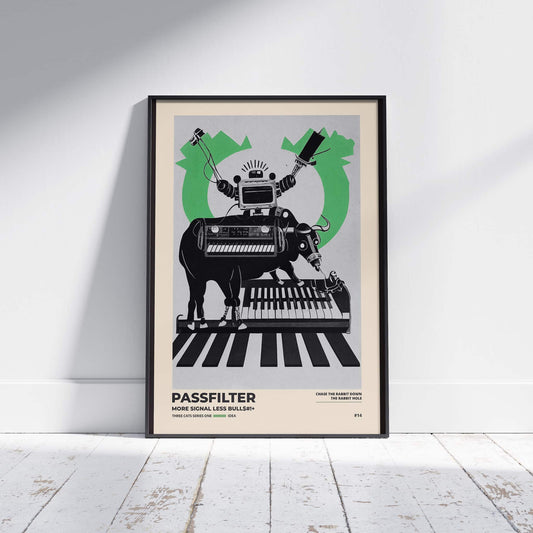 Black framed Passfilter poster sitting on a white wooden floor in a recording studio.