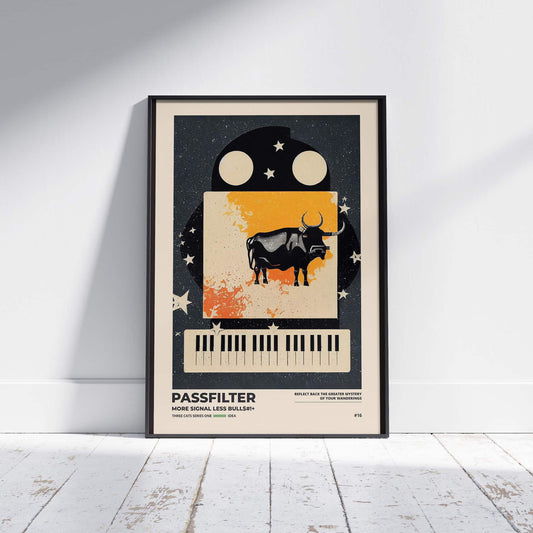 Black framed Passfilter poster sitting on a white wooden floor in a recording studio.