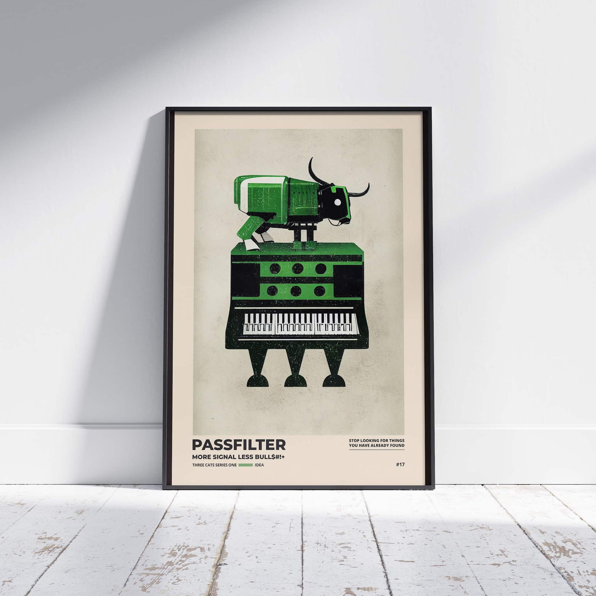 Black framed Passfilter poster sitting on a white wooden floor in a recording studio.