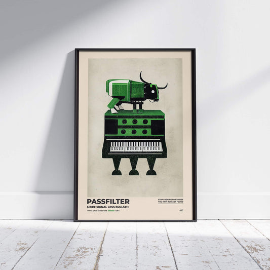 Black framed Passfilter poster sitting on a white wooden floor in a recording studio.
