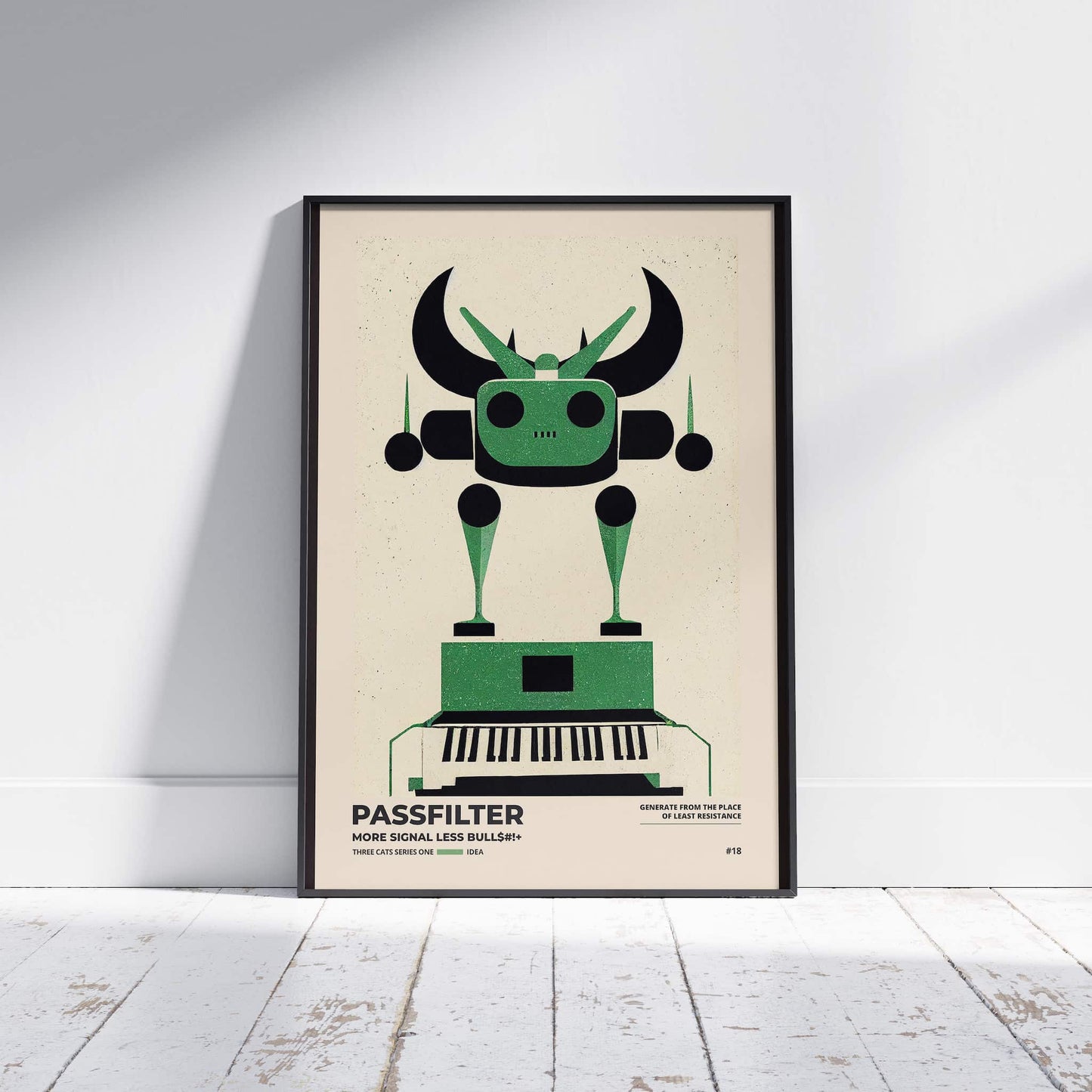 Black framed Passfilter poster sitting on a white wooden floor in a recording studio.