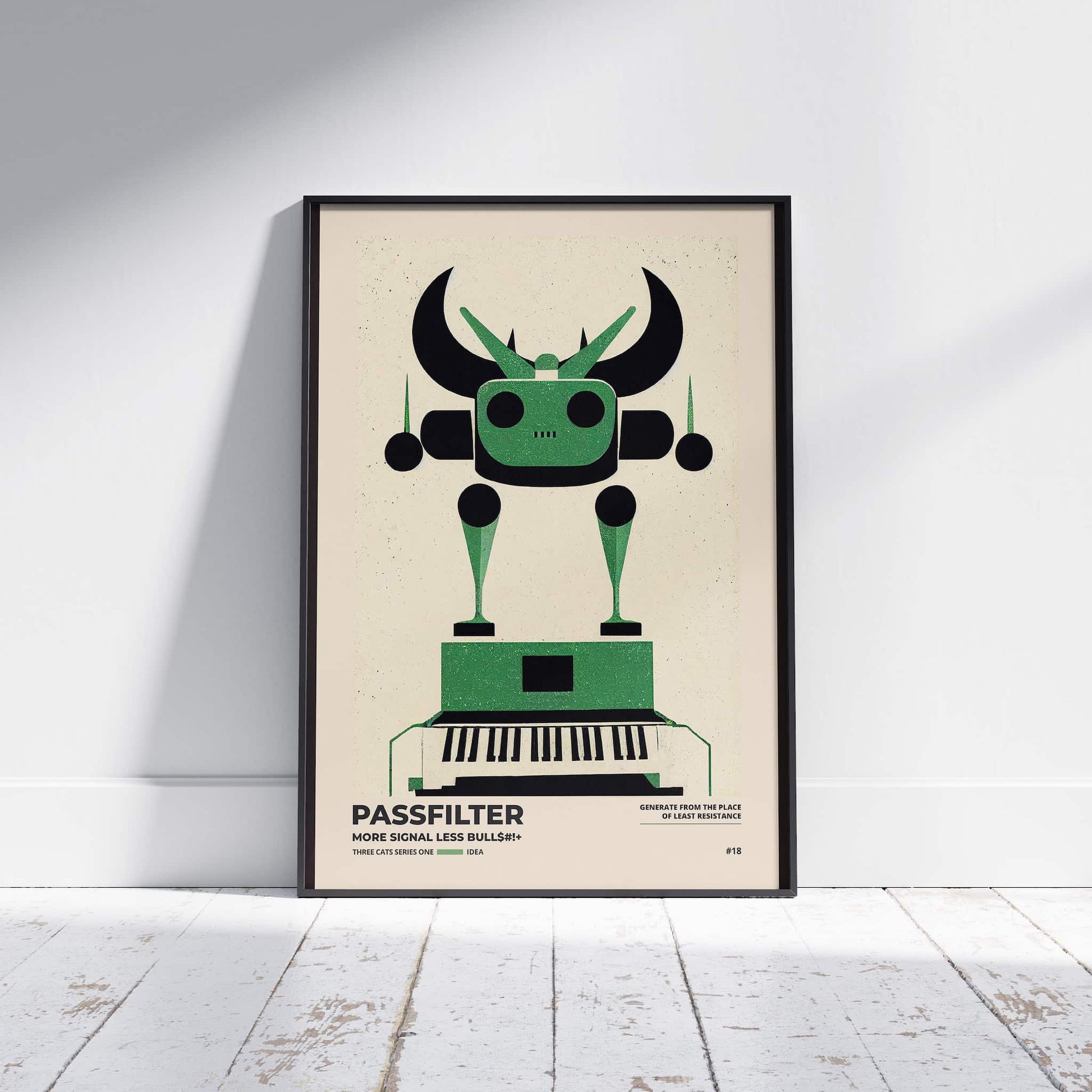 Black framed Passfilter poster sitting on a white wooden floor in a recording studio.