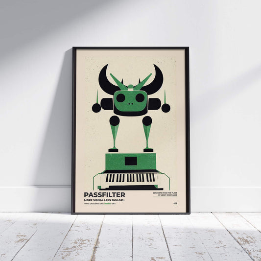 Black framed Passfilter poster sitting on a white wooden floor in a recording studio.