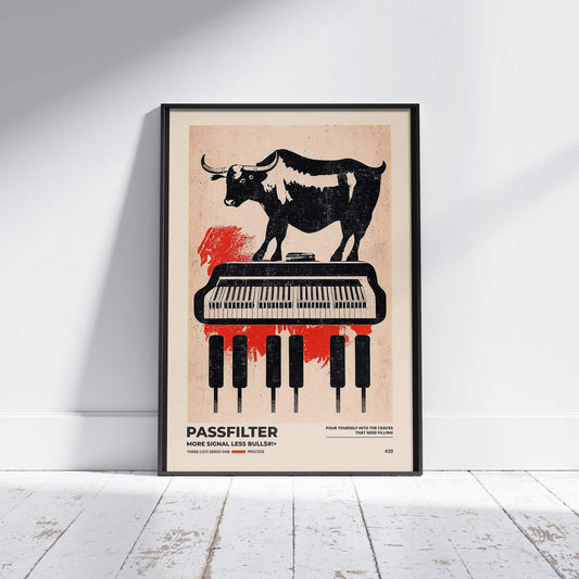 Black framed Passfilter poster sitting on a white wooden floor in a recording studio.