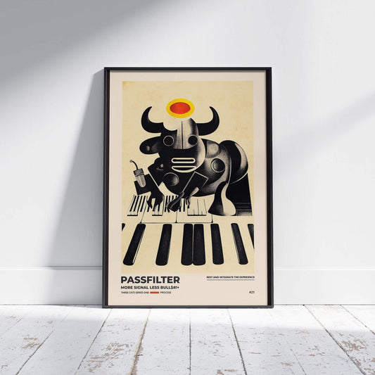 Black framed Passfilter poster sitting on a white wooden floor in a recording studio.